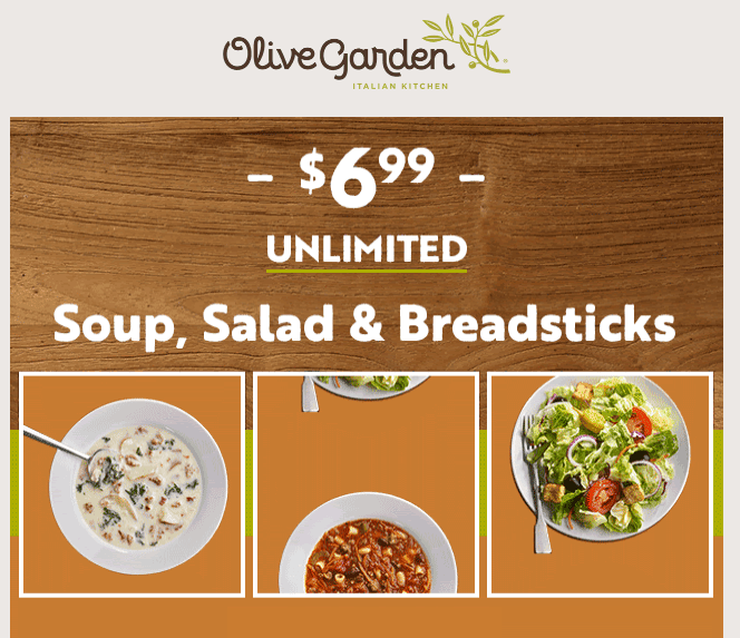 Deals Finders Olive Garden Unlimited Soup Salad Breadsticks
