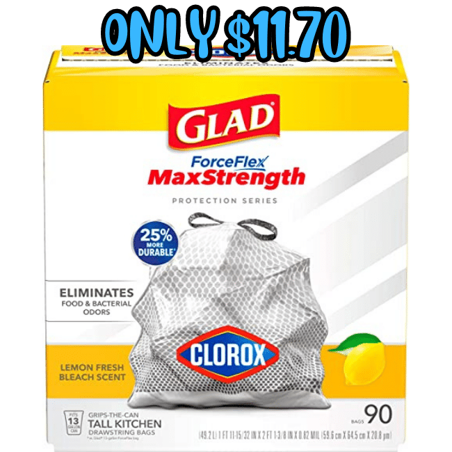 Glad ForceFlex MaxStrength with Clorox 13 Gallon Kitchen Trash Bags, Lemon  Fresh Bleach, 20 Bags 