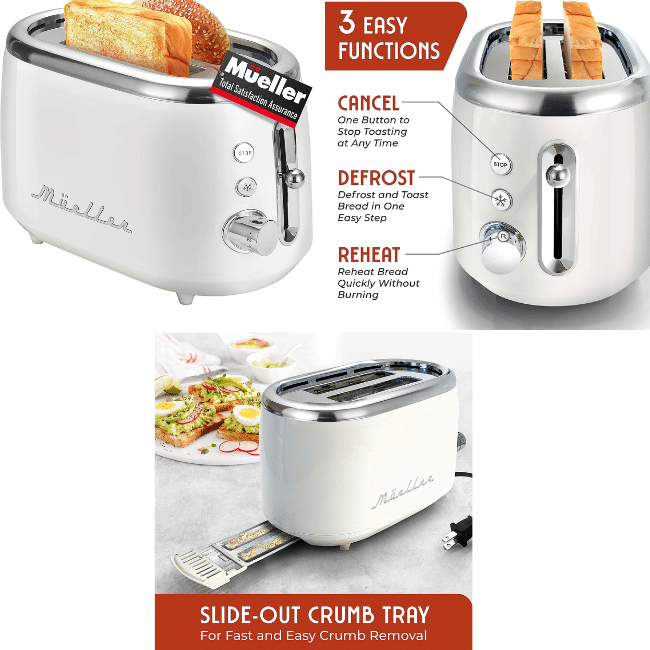 Mueller Retro Toaster 2 Slice with 7 Browning Levels and 3 Functions:  Reheat